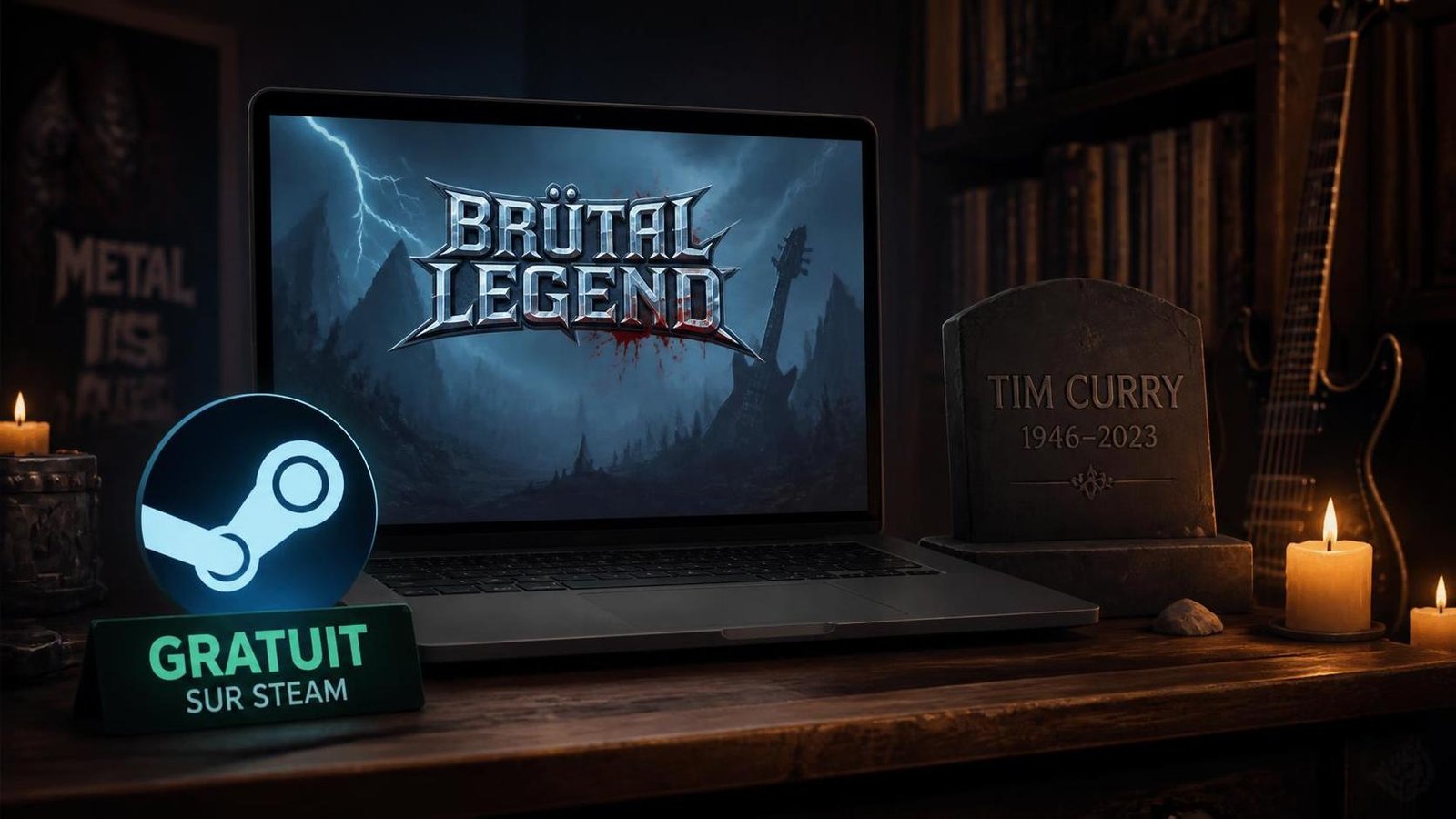 Illustration éditoriale de Brütal Legend gratuit sur Steam en hommage à Tim Curry