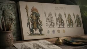 Illustration éditoriale de Warhammer Age of Sigmar: artworks Seraphon à travers les années