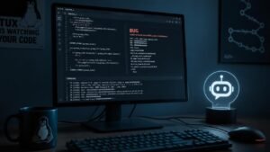 Illustration éditoriale de Linus Torvalds détaille une session de debug infernale avec une IA