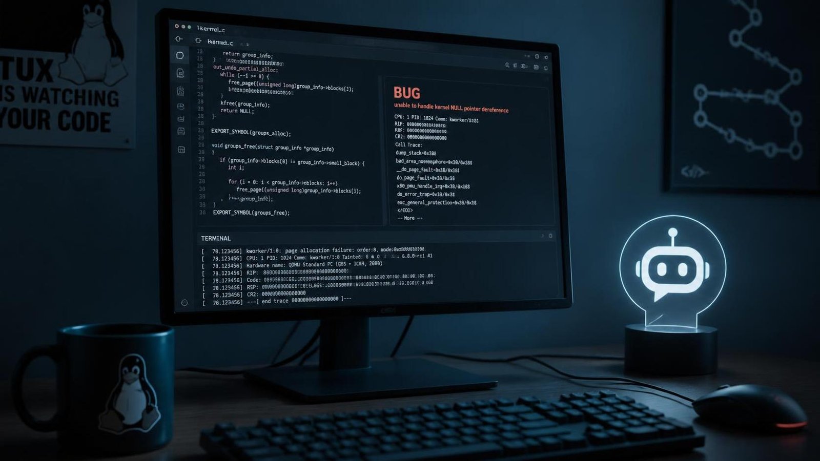 Illustration éditoriale de Linus Torvalds détaille une session de debug infernale avec une IA