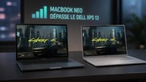 Illustration éditoriale de Cyberpunk 2077: MacBook Neo dépasse le Dell XPS 13