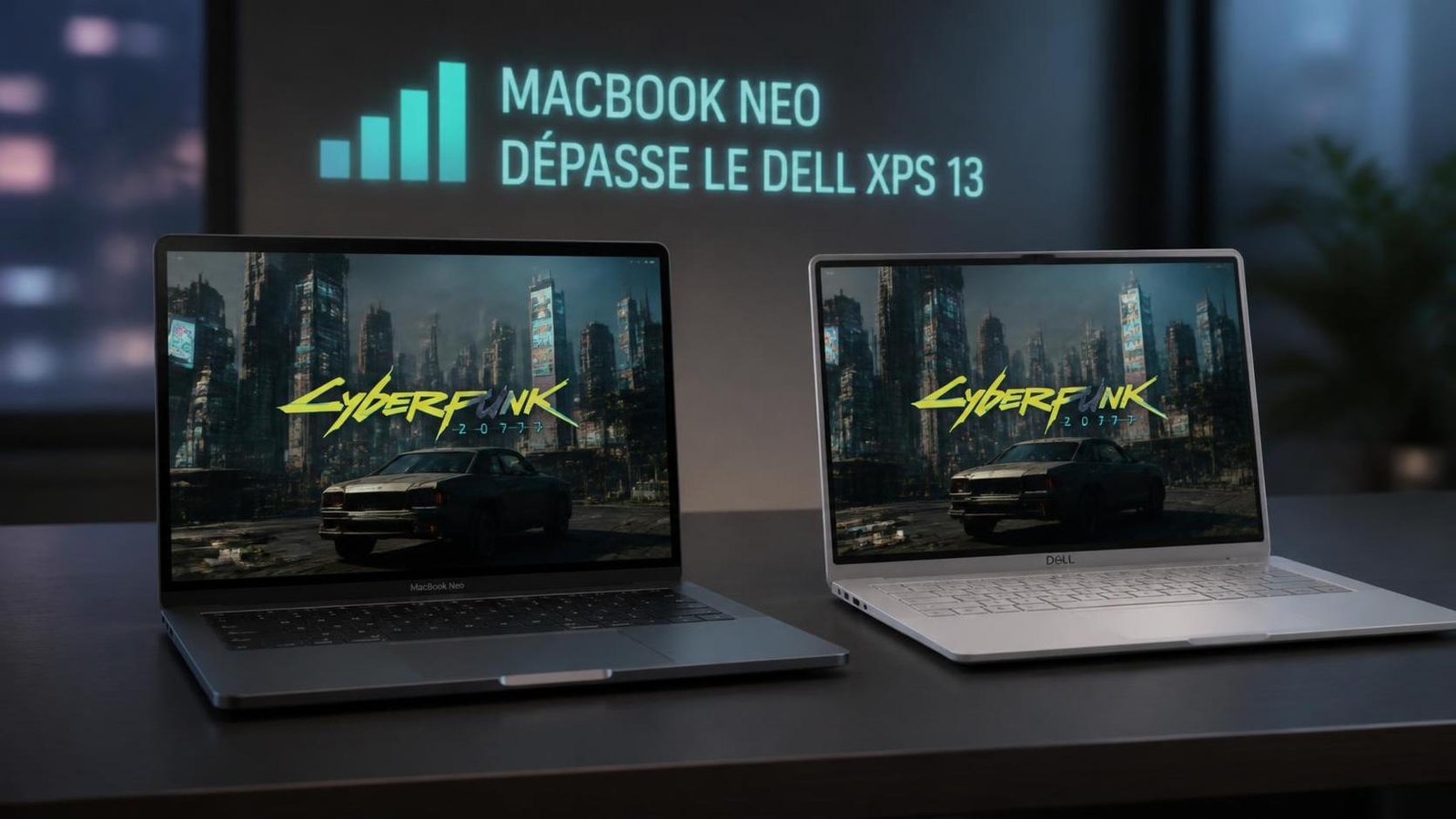 Illustration éditoriale de Cyberpunk 2077: MacBook Neo dépasse le Dell XPS 13