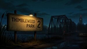 Illustration éditoriale de Thimbleweed Park 2 prévu pour début 2028, ni suite ni préquelle