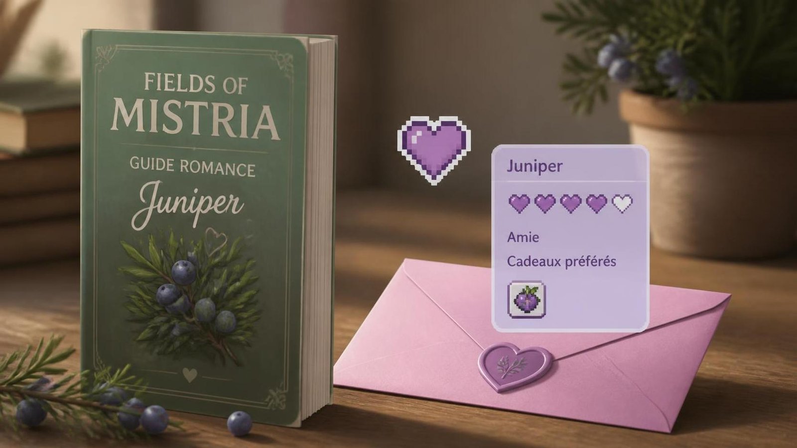 Illustration éditoriale de Fields of Mistria : guide romance de Juniper et meilleurs cadeaux