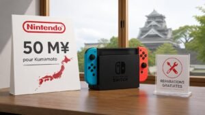 Illustration éditoriale de Nintendo: 50 M¥ pour Kumamoto et réparations gratuites