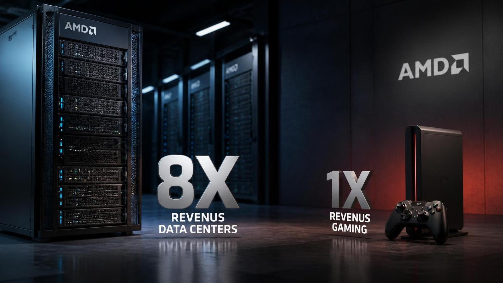 Illustration éditoriale de AMD: les revenus data centers 8x supérieurs au gaming dernier trimestre