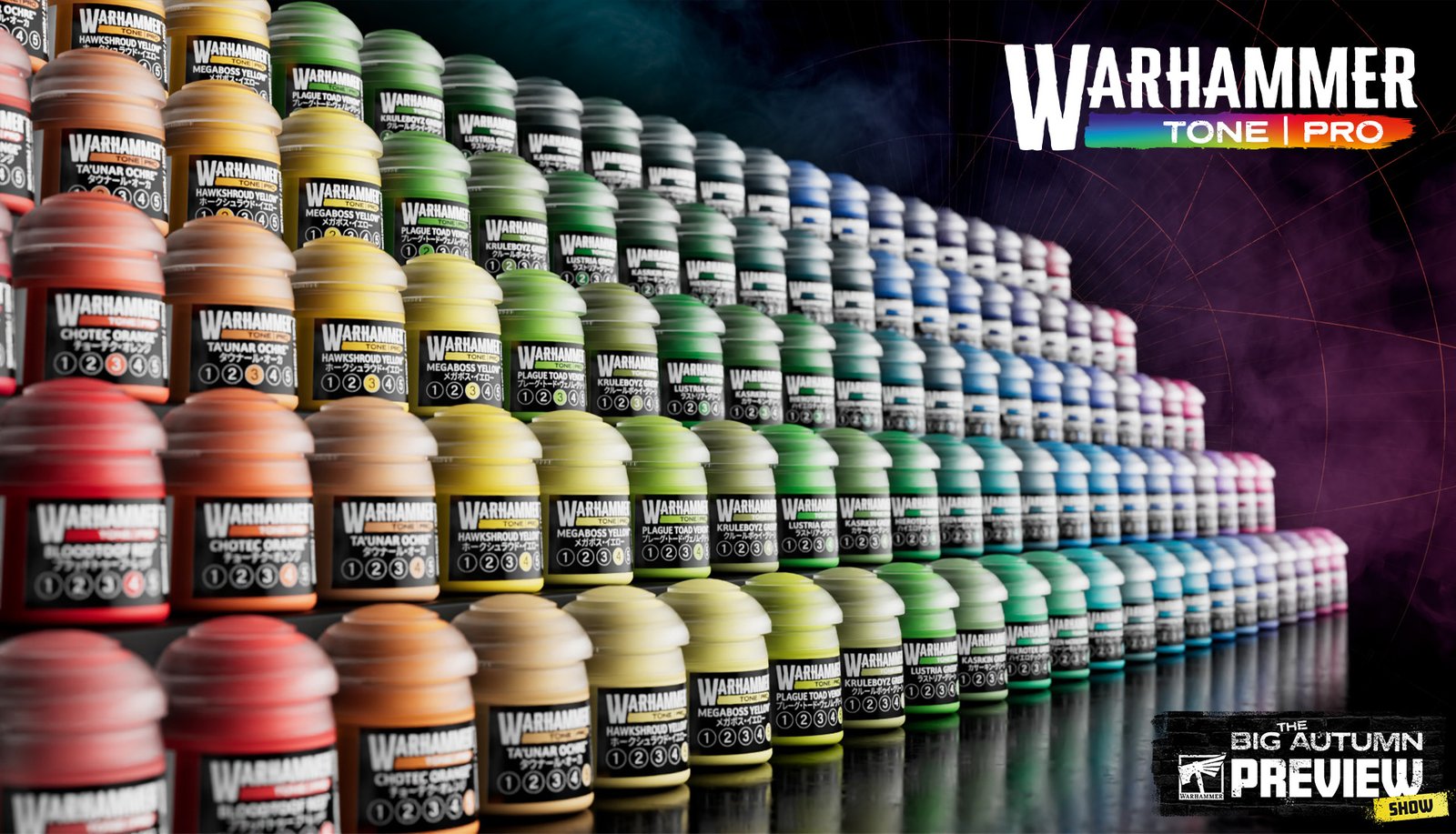 Games Workshop dévoile Warhammer Tone Pro : 150 peintures réparties en 30 couleurs et 5 tons, avec nouveaux médiums et pinceaux de drybrush.