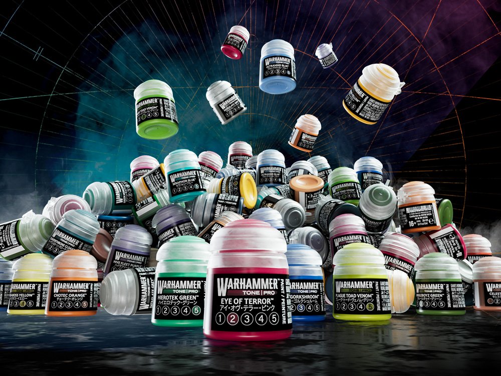 Games Workshop dévoile Warhammer Tone Pro : 150 peintures réparties en 30 couleurs et 5 tons, avec nouveaux médiums et pinceaux de drybrush.