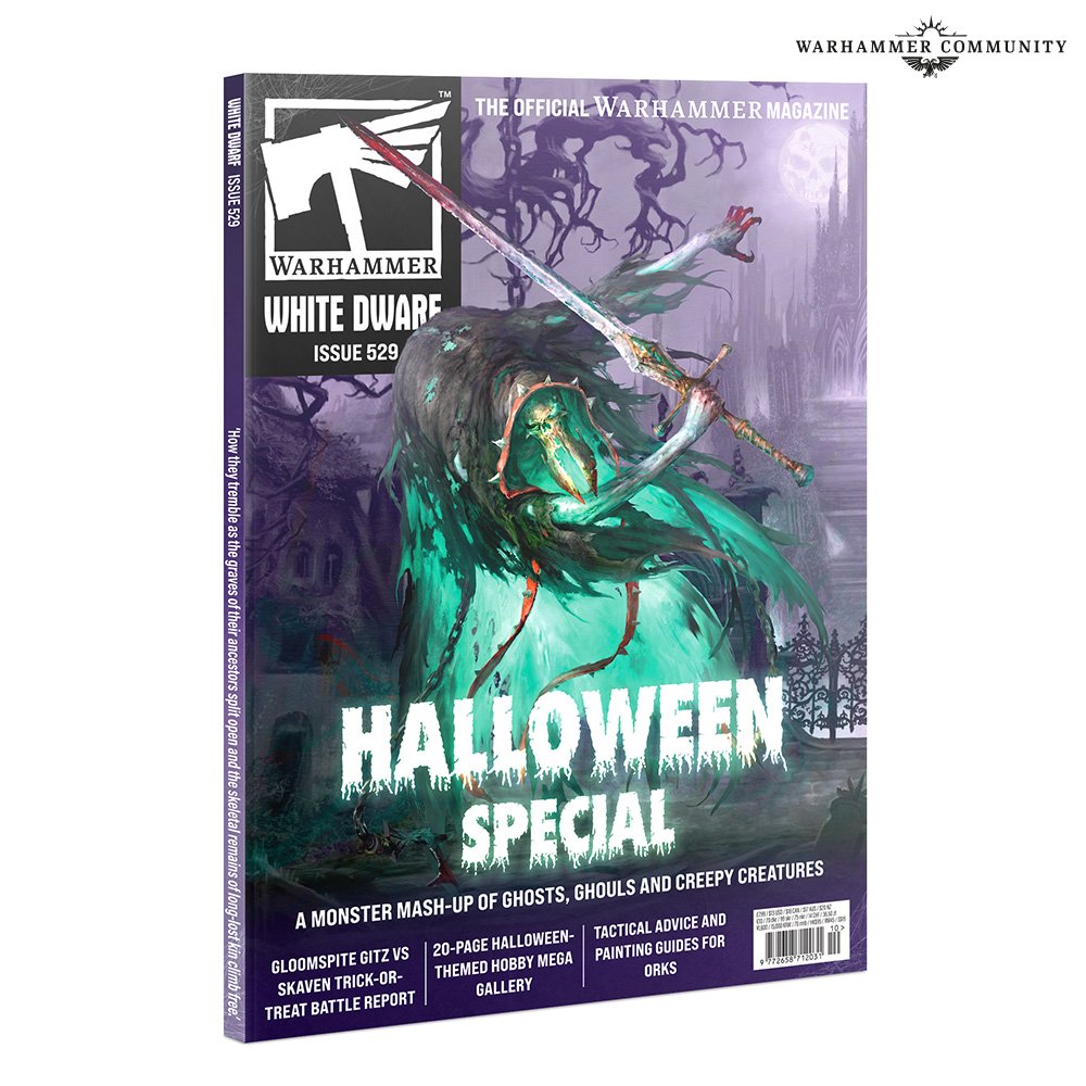 White Dwarf 529 fête Halloween avec un Battle Report Gloomspite Gitz vs Skavens, une galerie horrifique, une Masterclass Orks et de nouvelles règles Brawlers of Behemat.