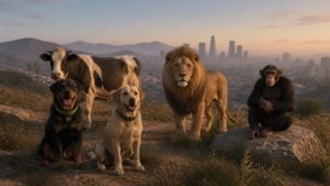 Illustration éditoriale de GTA 5 : un mod ajoute chiens, vaches, lions et chimpanzé amis