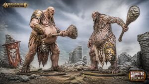 Illustration éditoriale de Brawlers of Behemat dévoile un duel de Mega-Gargants en boîte