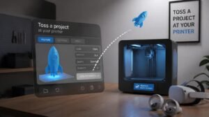 Illustration éditoriale de Toss a project at your printer présente un outil VR pour lancer l’impression 3D