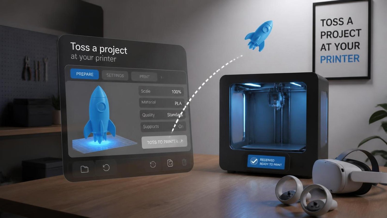 Illustration éditoriale de Toss a project at your printer présente un outil VR pour lancer l’impression 3D