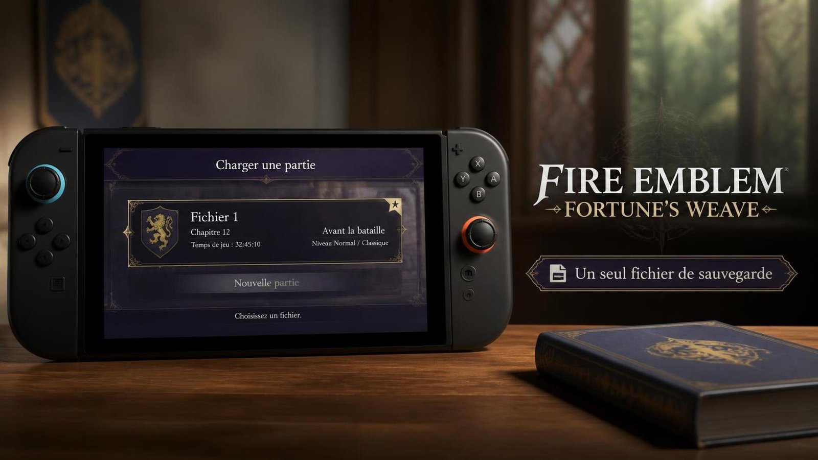 Illustration éditoriale de Fire Emblem: Fortune’s Weave sur Switch 2 avec un seul fichier de sauvegarde