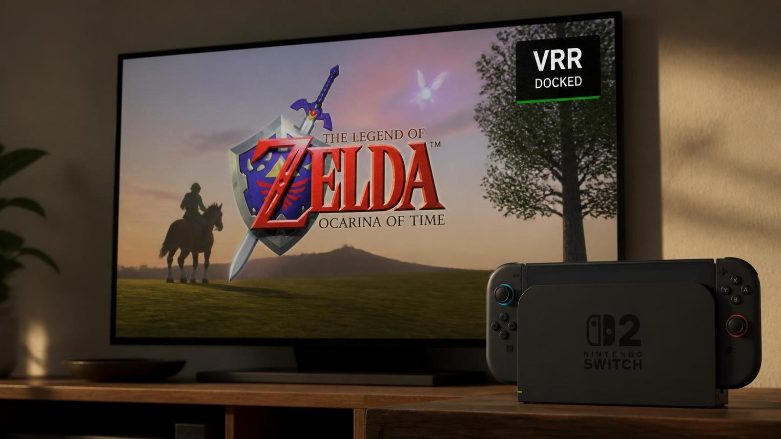 Illustration éditoriale de Zelda Ocarina of Time arrive sur Switch 2 avec VRR en docké