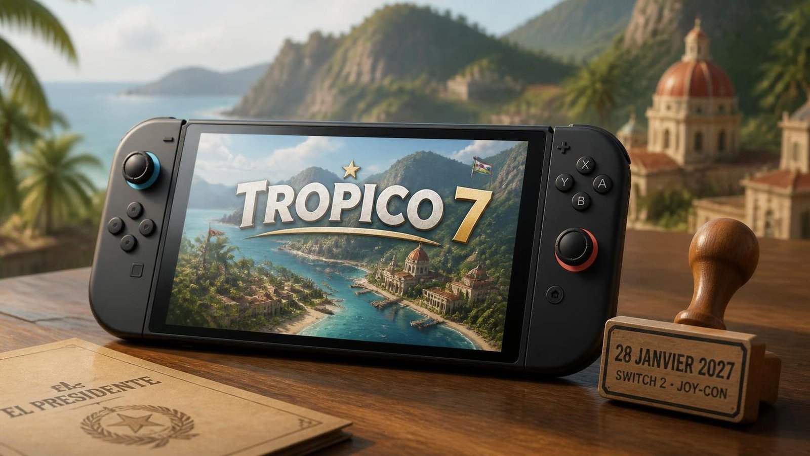 Illustration éditoriale de Tropico 7 arrive sur Switch 2 le 28 janvier 2027 avec support Joy-Con