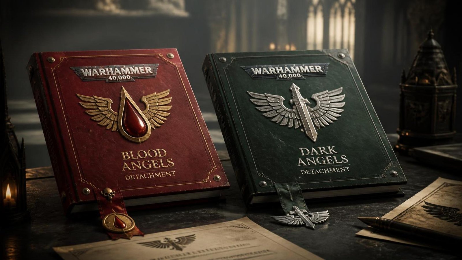 Illustration éditoriale de Warhammer 40,000 Space Marine: détachements Blood et Dark Angels mis à jour