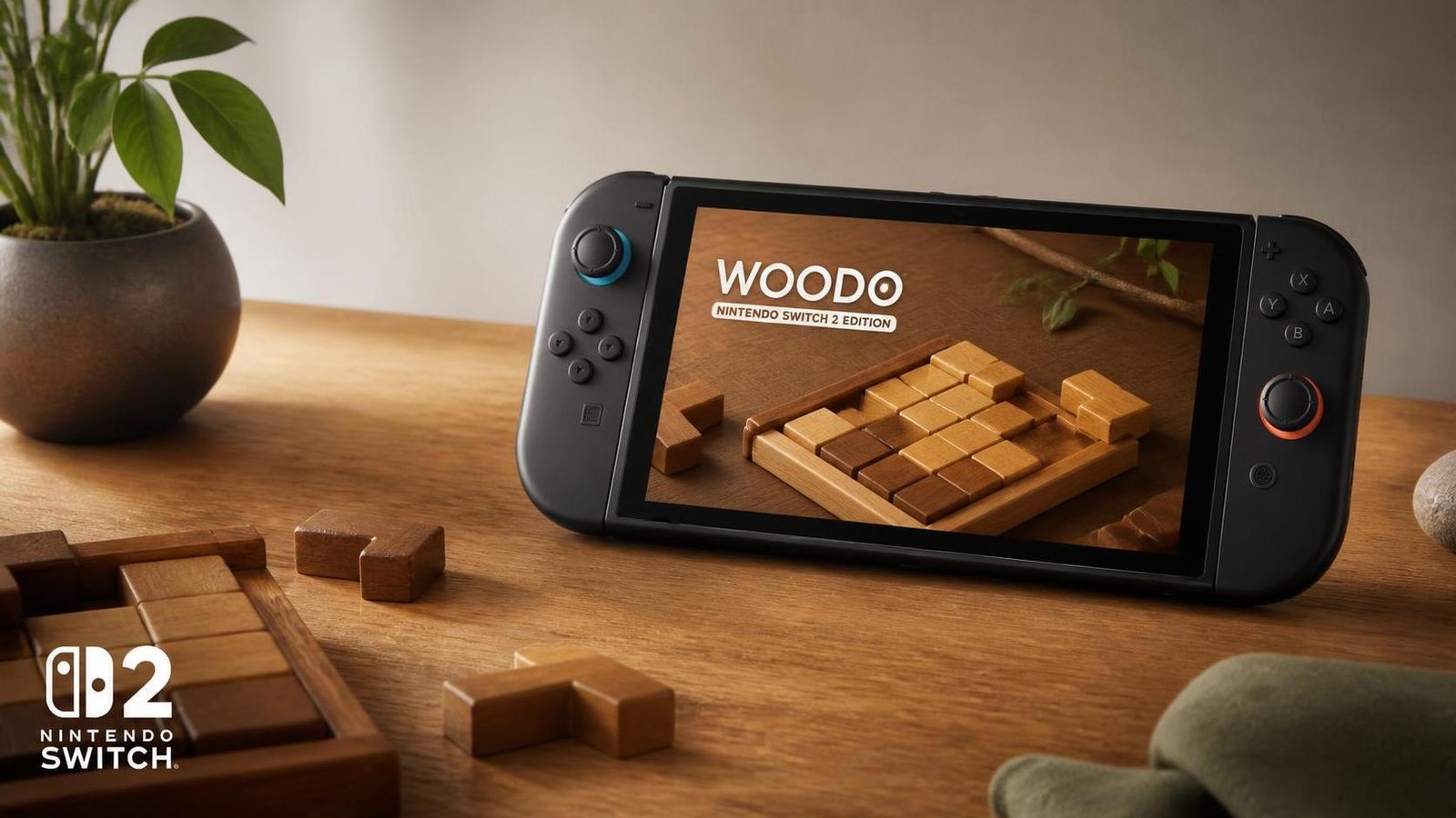Illustration éditoriale de Woodo Nintendo Switch 2 Edition : puzzle zen en bois relaxant