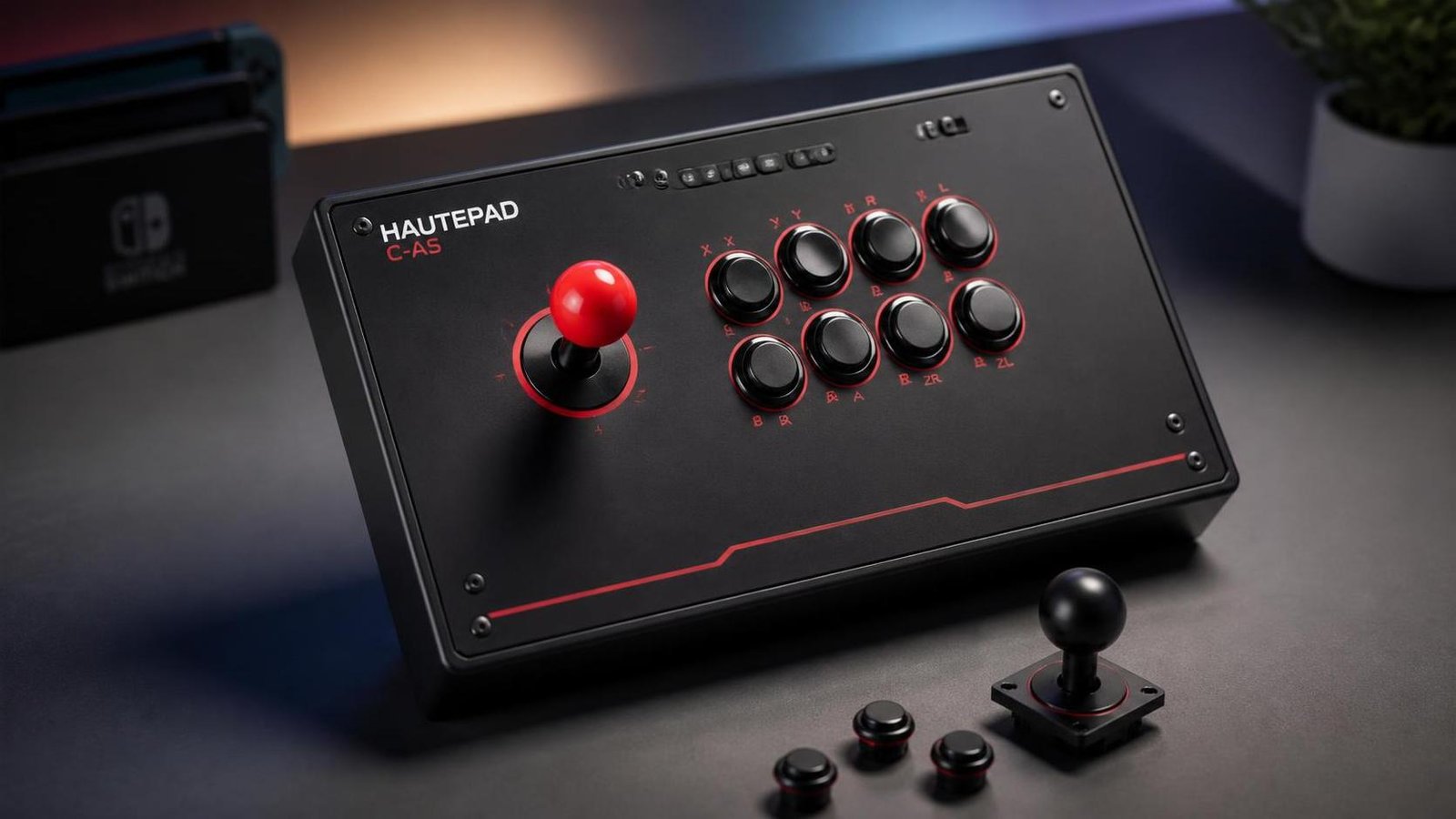Illustration éditoriale de Hautepad C-AS Arcade Stick Switch 1 et 2 : design unique, boutons réglables et sticks modulaires