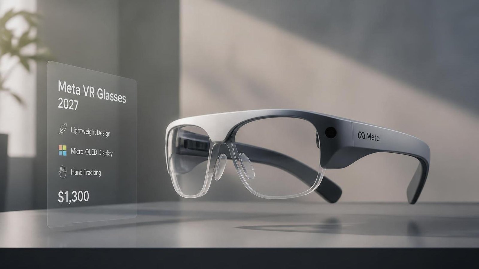 Illustration éditoriale de Meta VR Glasses annoncées pour 2027 : lunettes XR légères à 1300 $ avec Micro‑OLED et suivi des mains