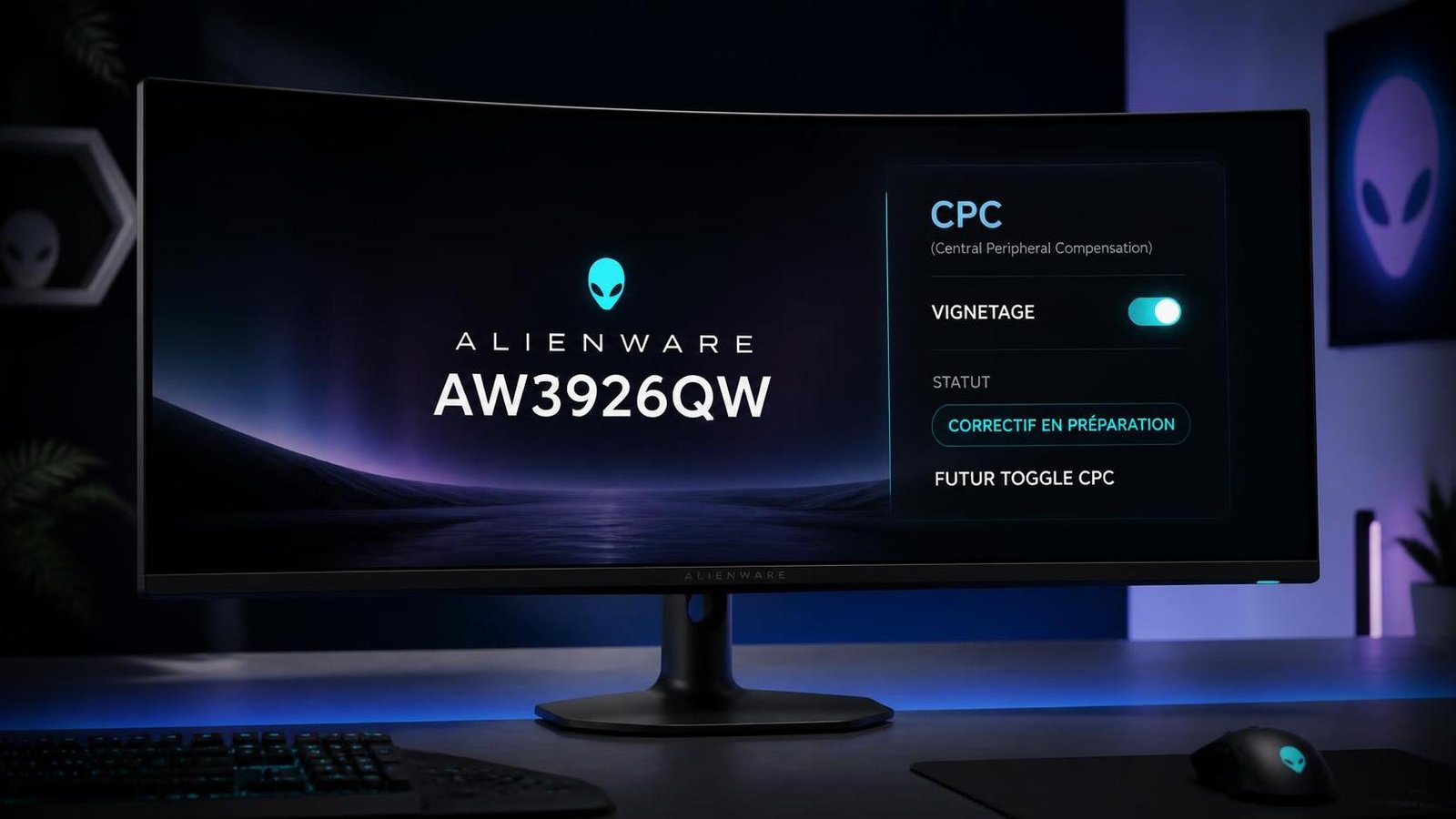 Illustration éditoriale de Alienware AW3926QW : correctif en préparation pour le vignetage via un futur toggle CPC