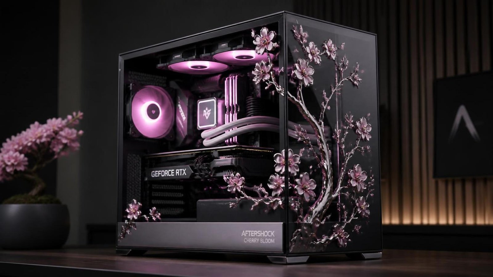 Illustration éditoriale de Aftershock Cherry Bloom PC à 14 000 $ : fleurs en titane réactives et RTX 5080