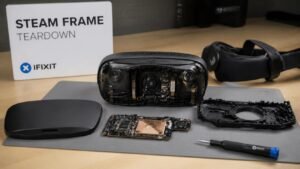 Illustration éditoriale de Steam Frame : démontage complet par iFixit et bonne réparabilité