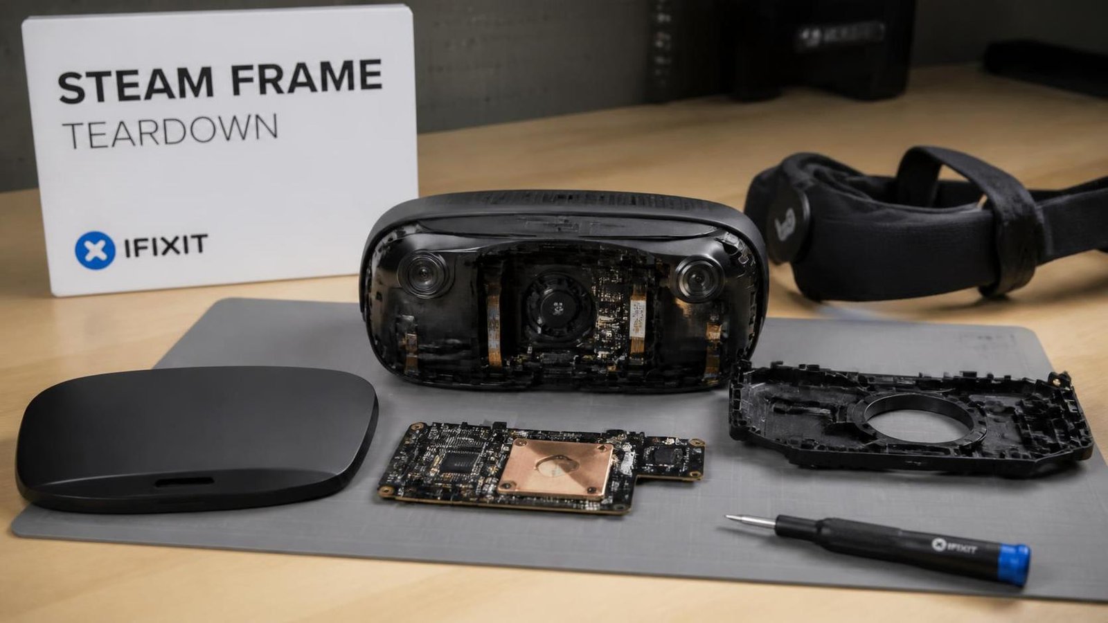 Illustration éditoriale de Steam Frame : démontage complet par iFixit et bonne réparabilité