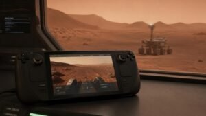 Illustration éditoriale de Oh, the places you'll game: des ingénieurs pilotent un rover martien avec Steam Deck