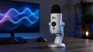 Illustration éditoriale de Blue Yeti 2 dévoilé : micro USB avec IA, écran OLED et réduction de bruit à 160 $