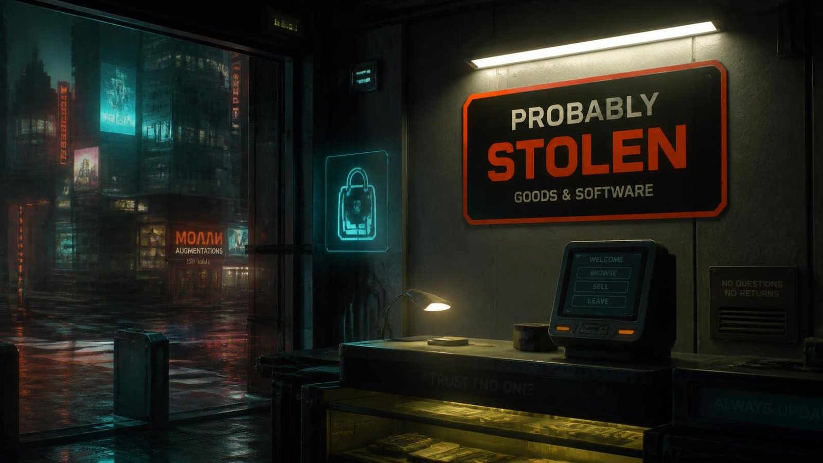 Illustration éditoriale de Probably Stolen : un sim de boutique cyberpunk rappelle Dredd et 2077