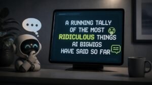 Illustration éditoriale de A running tally of the most ridiculous things AI bigwigs have said so far recense les sorties les plus absurdes de l’IA