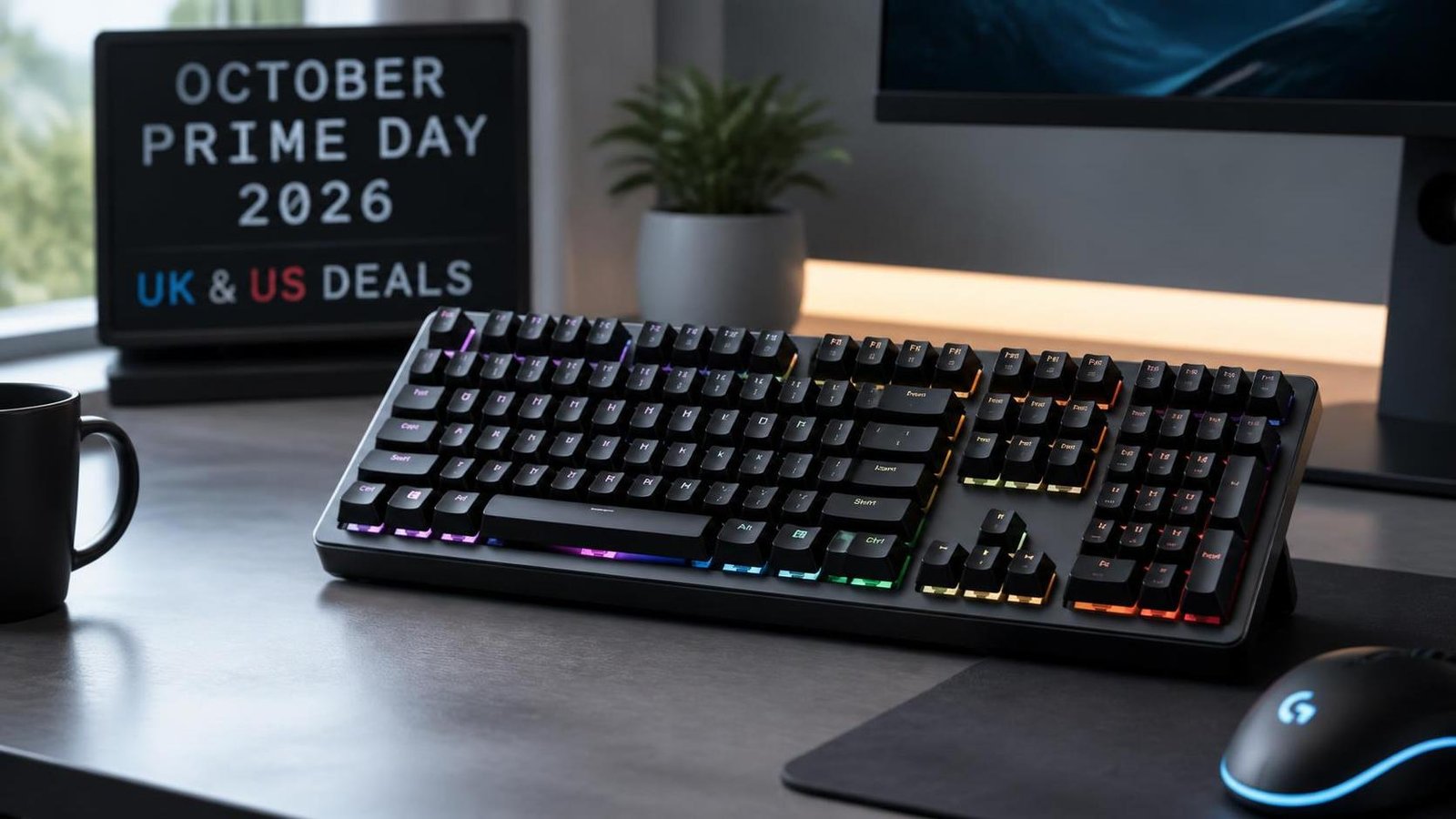 Illustration éditoriale de October Prime Day 2026 claviers gaming : meilleures offres UK et US