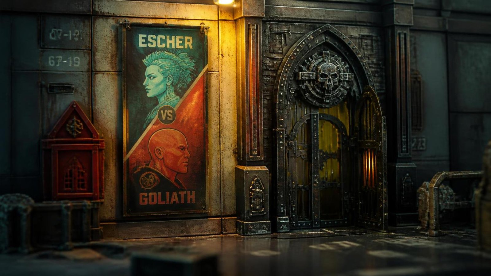 Illustration éditoriale de Warhammer Necromunda : galerie d’art Escher et Goliath à découvrir