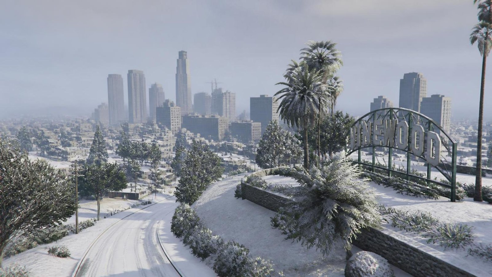 Illustration éditoriale de GTA 5 : Los Angeles recouvert d’une neige réaliste en mod
