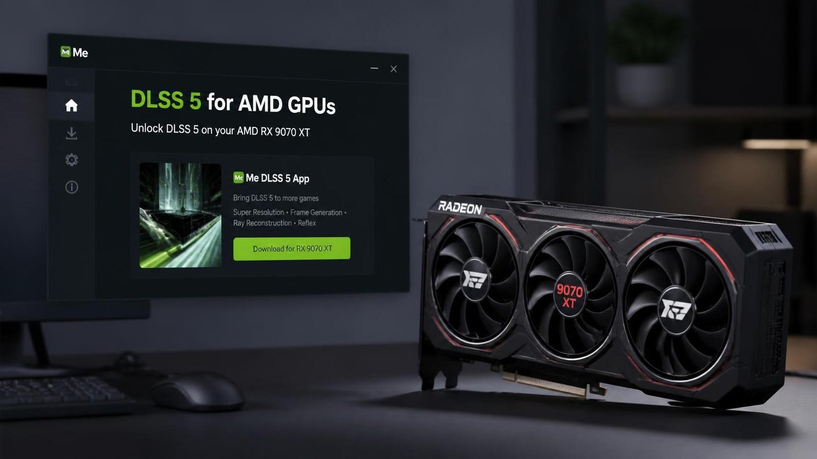 Illustration éditoriale de Me: You can now run DLSS 5 on AMD GPUs annonce une appli pour RX 9070 XT