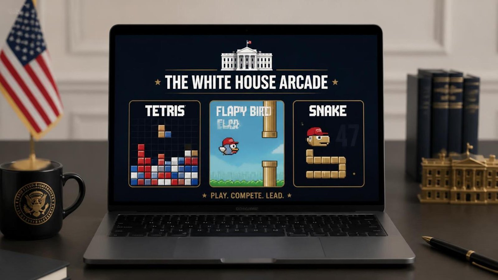 Illustration éditoriale de The White House Arcade lance Tetris, Flappy Bird et Snake pro-Trump
