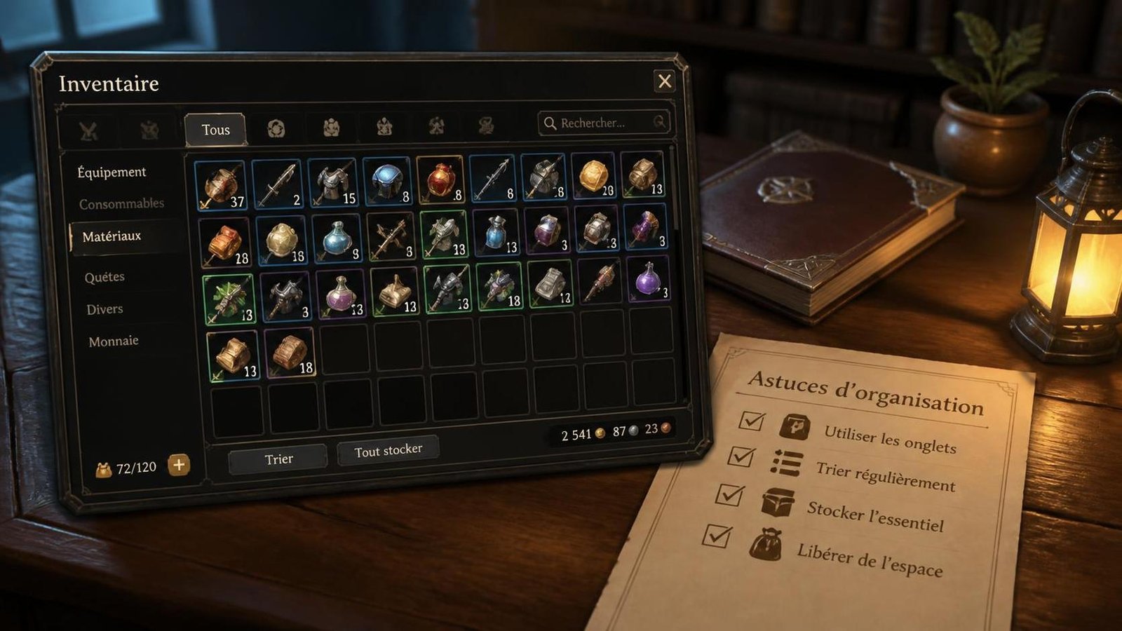 Illustration éditoriale de Confession Time: inventaire MMO en désordre, astuces d’organisation
