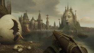 Illustration éditoriale de Hieronymus : le FPS plonge dans l’art médiéval de Bosch avec mondes délirants