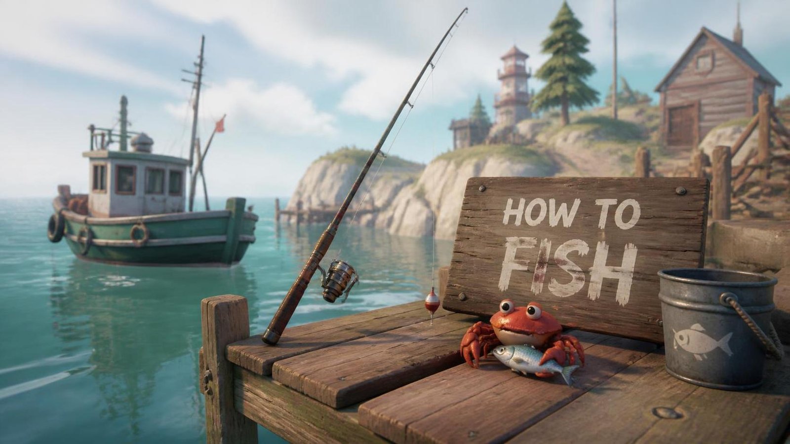 Illustration éditoriale de How to Fish : simulateur de pêche fun, crabes et coop chaotique