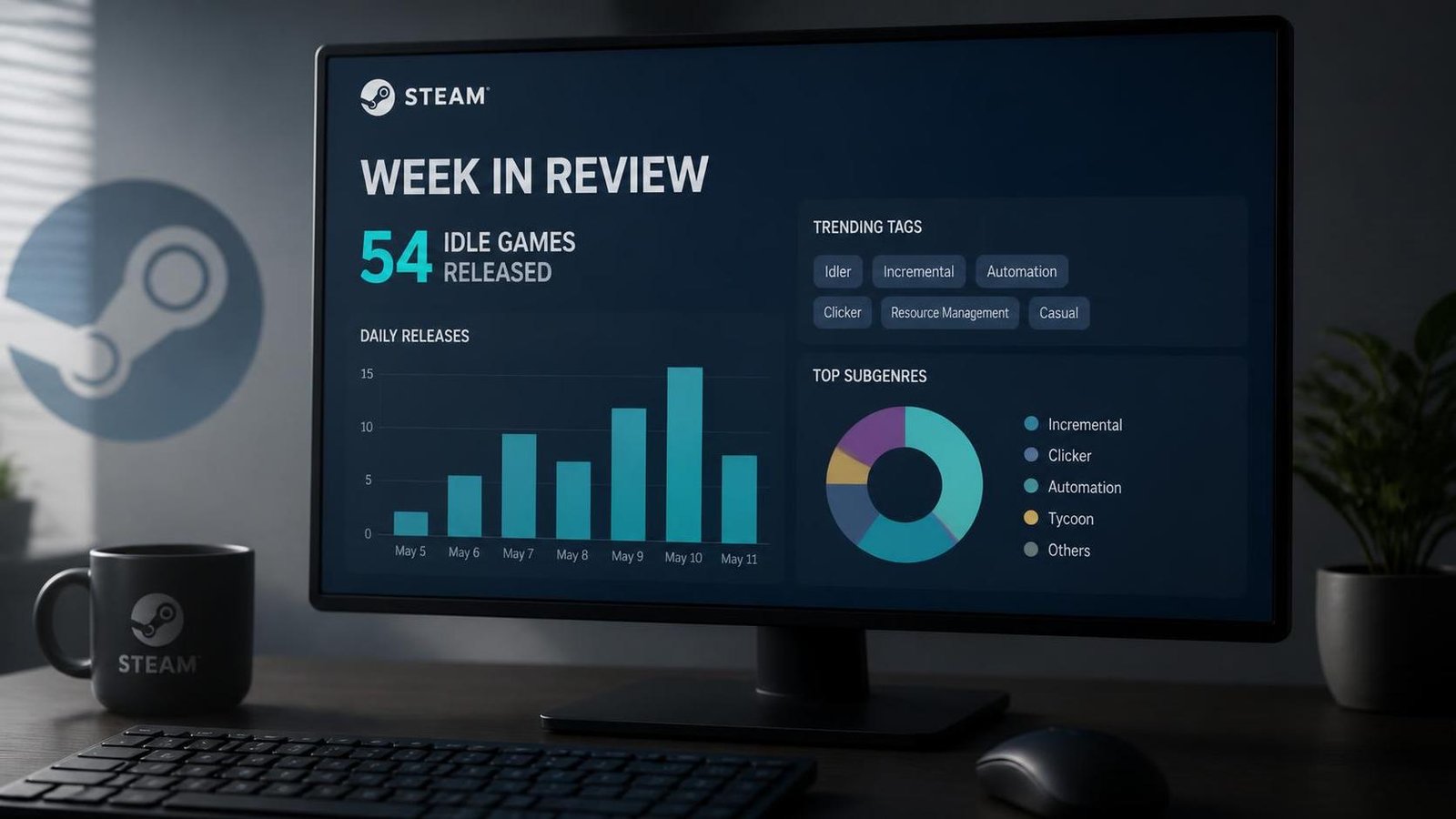 Illustration éditoriale de Steam Week in Review : 54 idle games sortis, tendances et similitudes