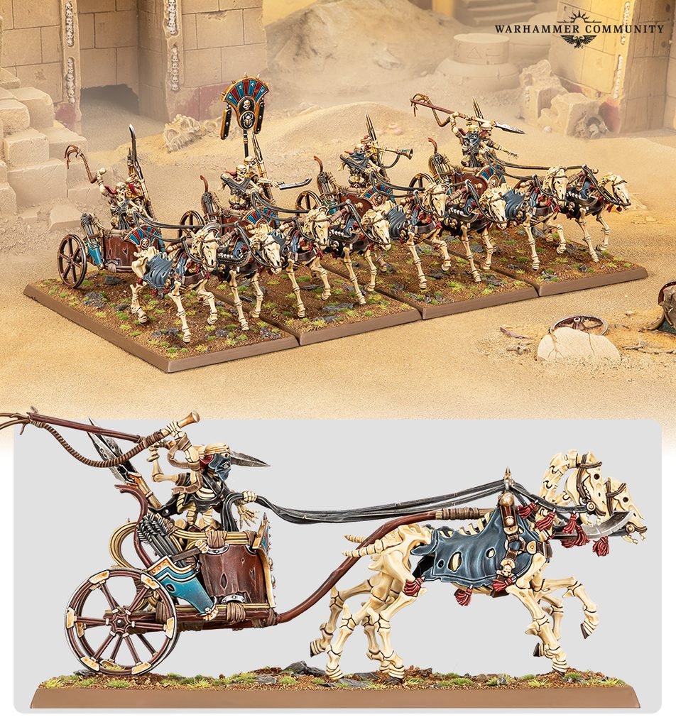 Games Workshop dévoile la conception des nouveaux Rois des Tombes : squelettes modernisés, montage simplifié, nouveaux chars, décalcomanies et détails de Nehekhara.