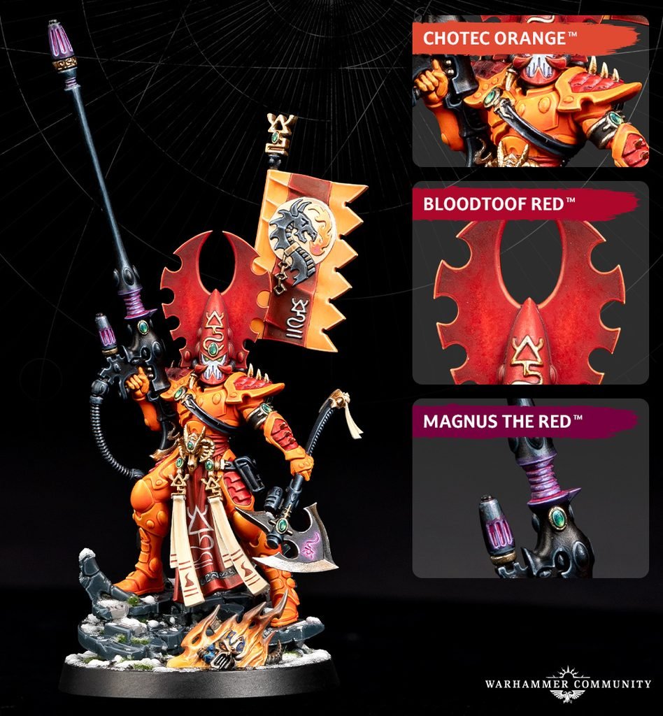 ’Eavy Metal dévoile ses recettes Warhammer Tone Pro pour Fuegan, un Blood Angel et un Liberator, avec Chotec Orange, Bloodtoof Red et Magnus the Red.