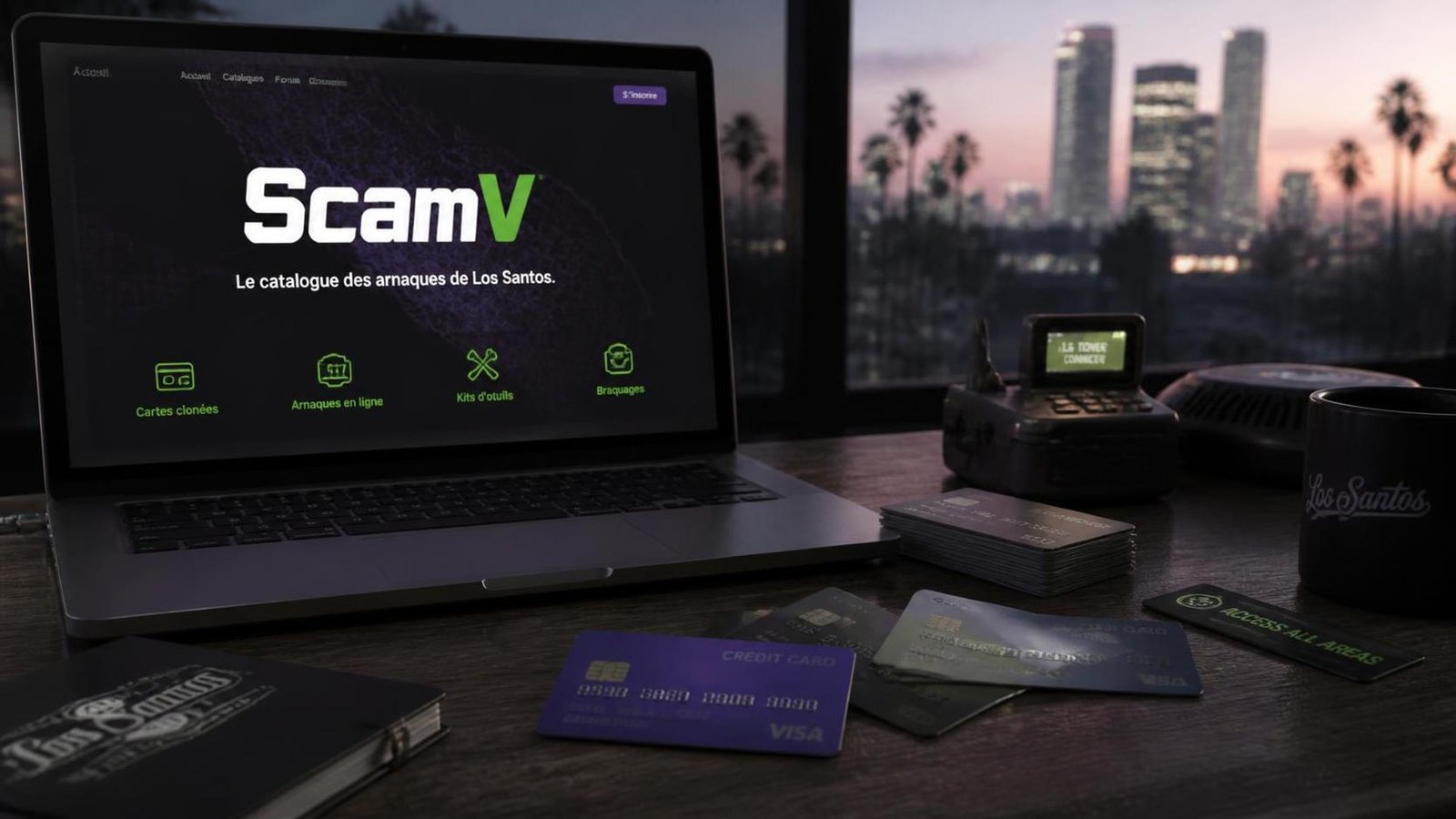 Illustration éditoriale de GTA 5 ajoute ScamV : arnaques, cartes clonées et braquages en ville