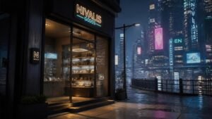 Illustration éditoriale de Nivalis Nights : une sim de boutique portée par une mégalopole vivante