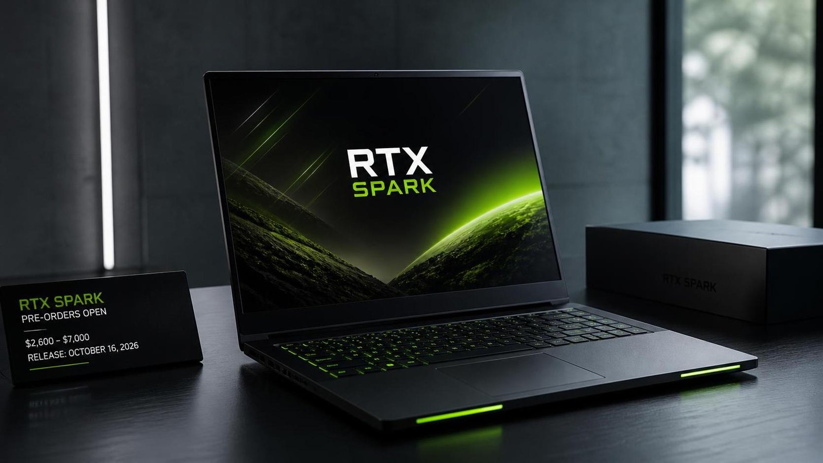 Illustration éditoriale de RTX Spark laptops : prix de 2 600 à 7 000 $, précommandes ouvertes, sortie le 16 octobre 2026