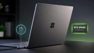 Illustration éditoriale de Surface Laptop Ultra : chargeur USB‑C magnétique et puissance RTX Spark dévoilés