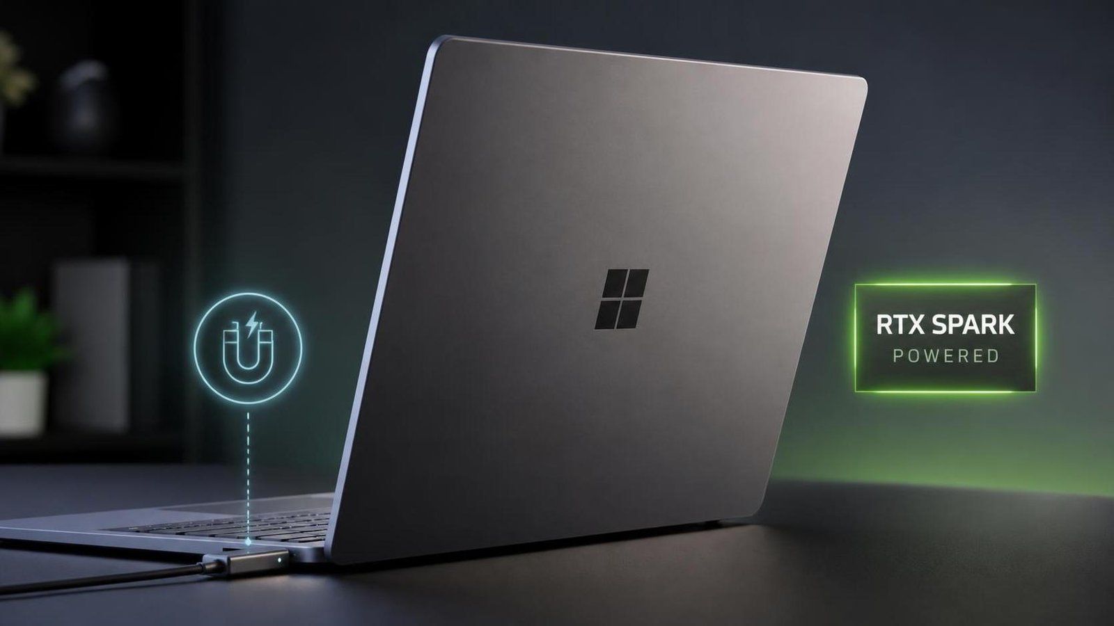 Illustration éditoriale de Surface Laptop Ultra : chargeur USB‑C magnétique et puissance RTX Spark dévoilés