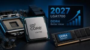 Illustration éditoriale de Intel: nouveaux CPU LGA1700 en 2027, DDR4 moins chère remise en avant