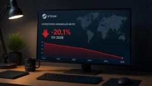 Illustration éditoriale de Steam : les expéditions mondiales de PC chutent de 20,1% en 2026
